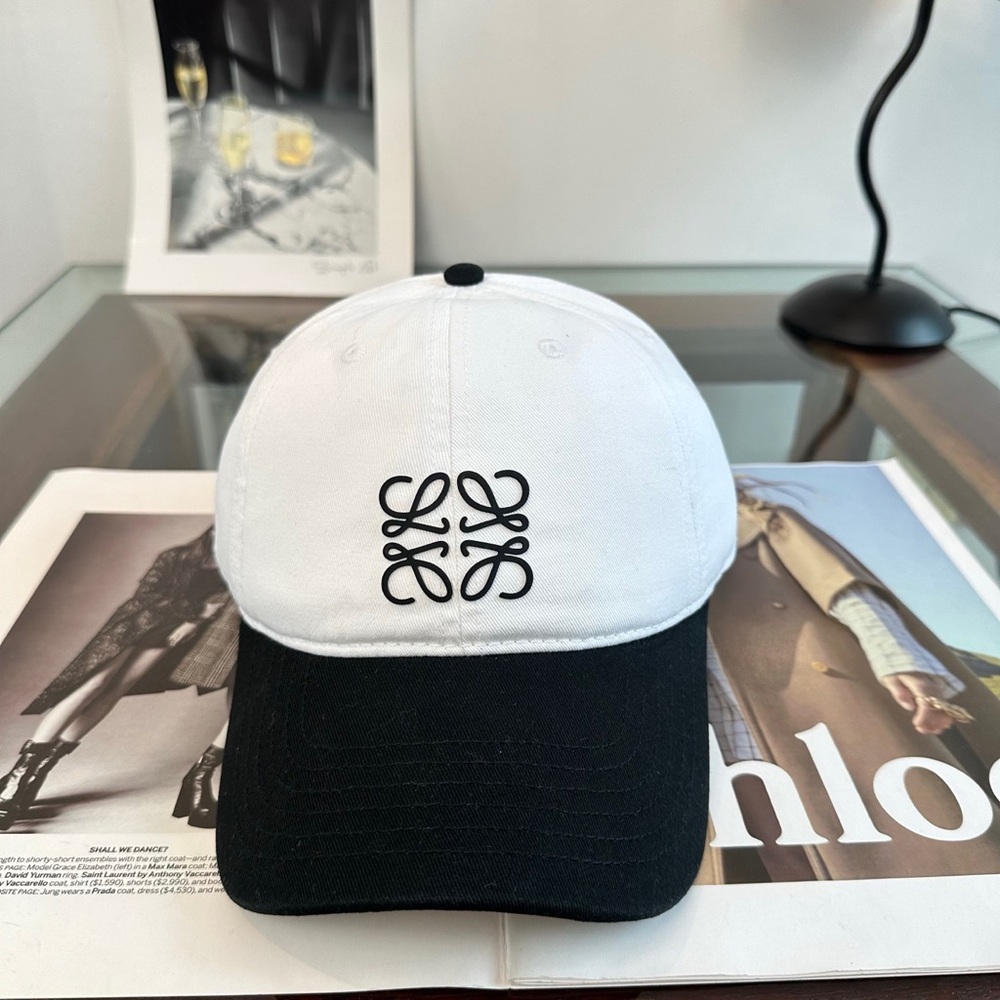 Two-Tone White and Black Baseball Cap with Monogram Detail